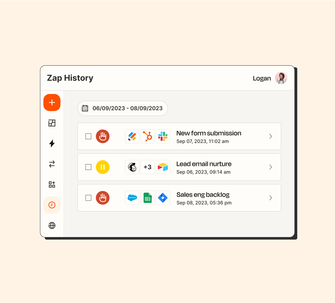 Zap history dashboard